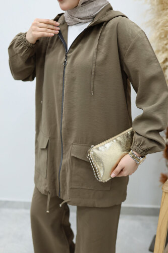 Kapüşonlu Fermuarlı İkili Takım TSD260132 Haki - 4