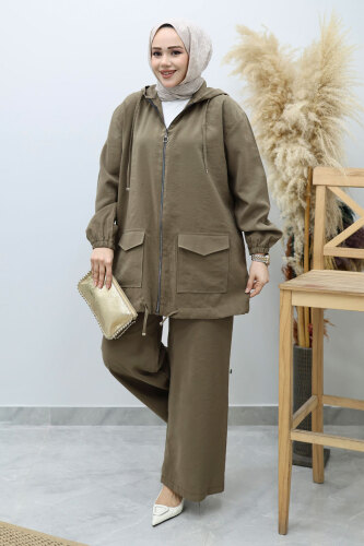 Kapüşonlu Fermuarlı İkili Takım TSD260132 Haki - 5