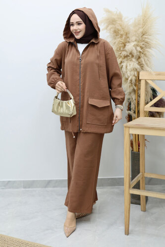 Kapüşonlu Fermuarlı İkili Takım TSD260132 Kahverengi - 3