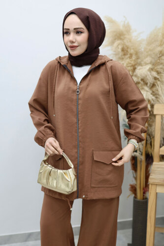 Kapüşonlu Fermuarlı İkili Takım TSD260132 Kahverengi - 2