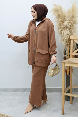 Kapüşonlu Fermuarlı İkili Takım TSD260132 Kahverengi - 5