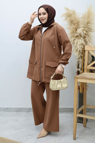 Kapüşonlu Fermuarlı İkili Takım TSD260132 Kahverengi 
