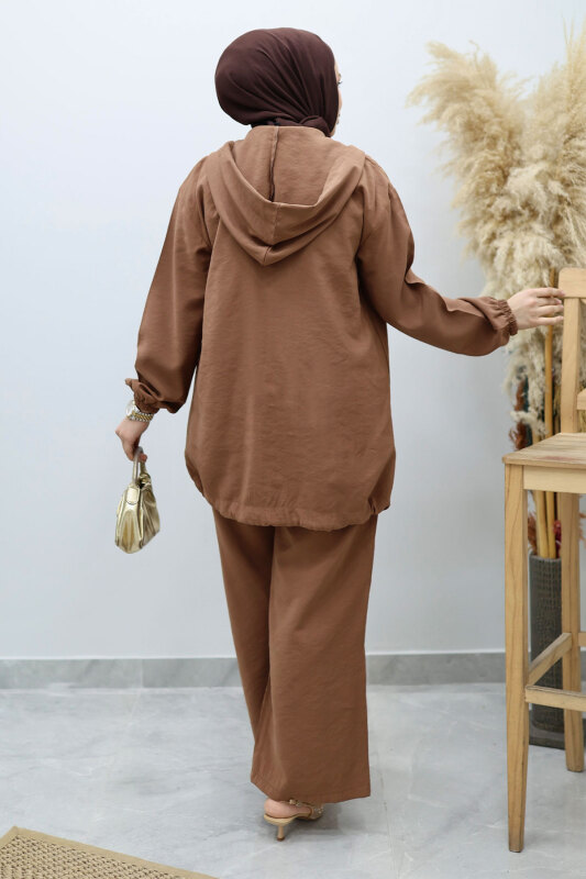 Kapüşonlu Fermuarlı İkili Takım TSD260132 Kahverengi - 6