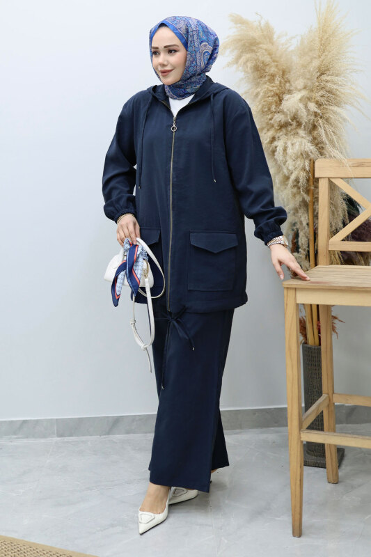 Kapüşonlu Fermuarlı İkili Takım TSD260132 Lacivert - Tesettür Dünyası