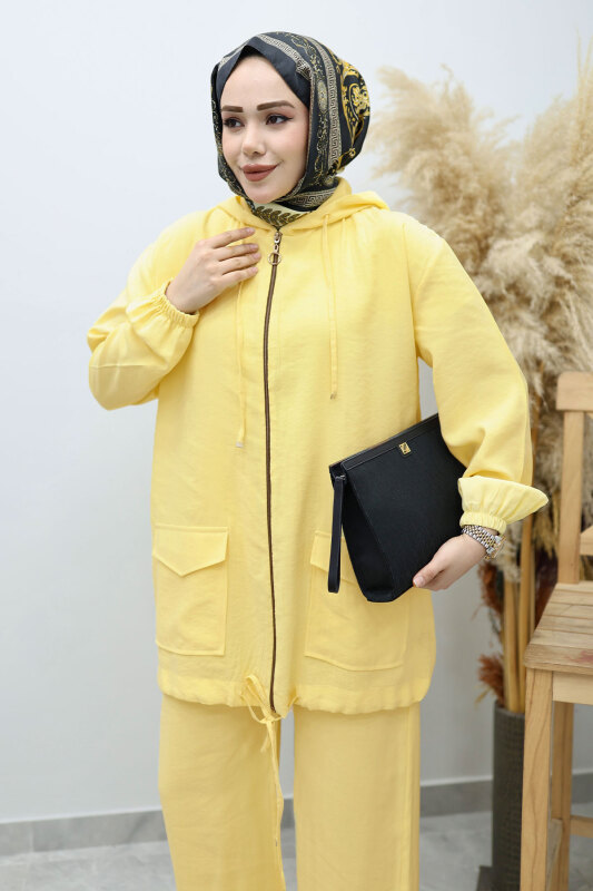 Kapüşonlu Fermuarlı İkili Takım TSD260132 Sarı - Tesettür Dünyası (1)