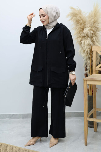 Kapüşonlu Fermuarlı İkili Takım TSD260132 Siyah 