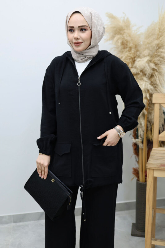Kapüşonlu Fermuarlı İkili Takım TSD260132 Siyah - Tesettür Dünyası (1)