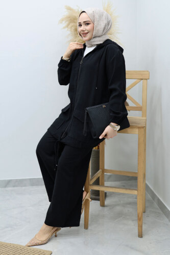 Kapüşonlu Fermuarlı İkili Takım TSD260132 Siyah - 3