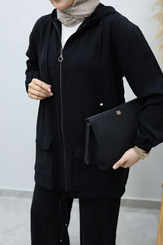 Kapüşonlu Fermuarlı İkili Takım TSD260132 Siyah - 4