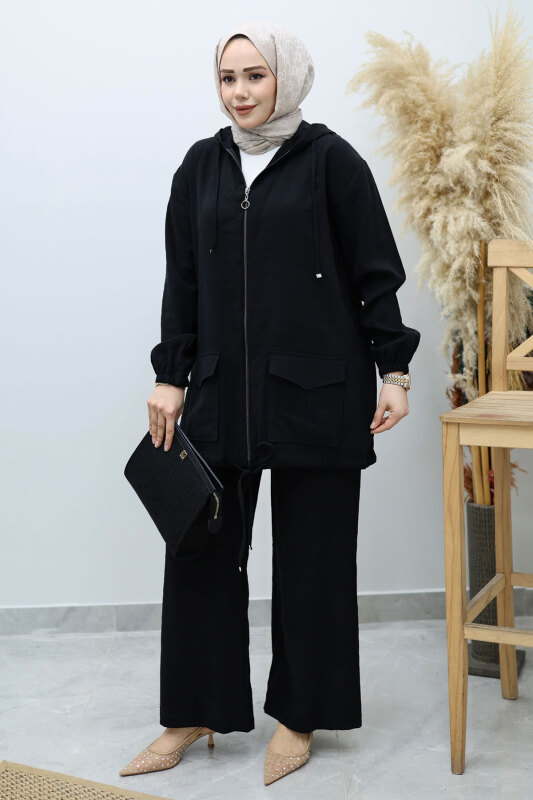 Kapüşonlu Fermuarlı İkili Takım TSD260132 Siyah - 5
