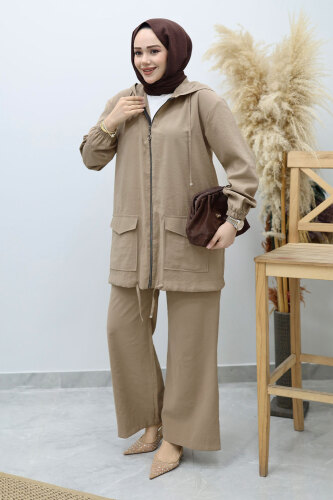 Kapüşonlu Fermuarlı İkili Takım TSD260132 Vizon 