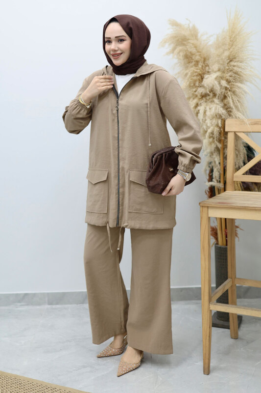 Kapüşonlu Fermuarlı İkili Takım TSD260132 Vizon - Tesettür Dünyası