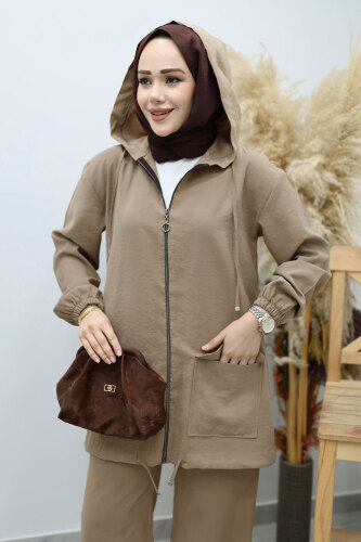 Kapüşonlu Fermuarlı İkili Takım TSD260132 Vizon - 2