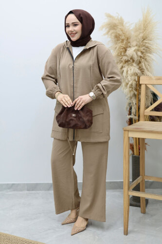 Kapüşonlu Fermuarlı İkili Takım TSD260132 Vizon - 3