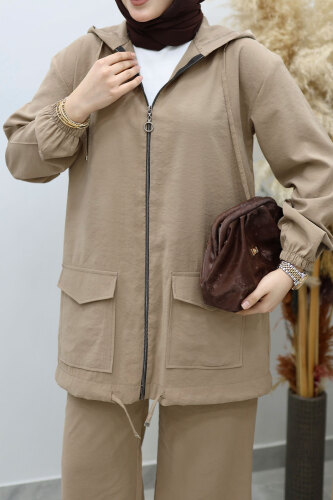 Kapüşonlu Fermuarlı İkili Takım TSD260132 Vizon - 4