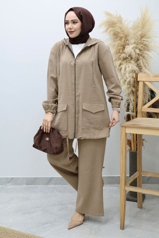 Kapüşonlu Fermuarlı İkili Takım TSD260132 Vizon - 5