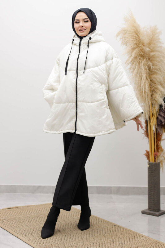 Kapüşonlu Şişme Panço TSD260126 Beyaz - Tesettür Dünyası (1)