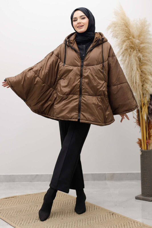 Kapüşonlu Şişme Panço TSD260126 Kahverengi - 4