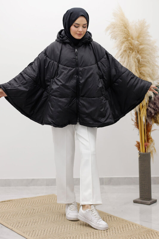 Kapüşonlu Şişme Panço TSD260126 Siyah - Tesettür Dünyası (1)