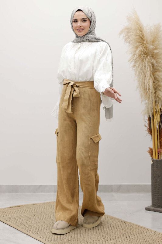 Kargo Cepli Triko Pantolon TSD260124 Camel - Tesettür Dünyası