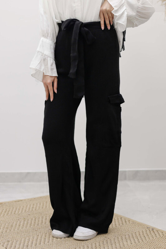 Kargo Cepli Triko Pantolon TSD260124 Siyah - Tesettür Dünyası (1)