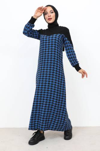 Kazayağı Desenli Elbise TSD231102 Mavi - 3