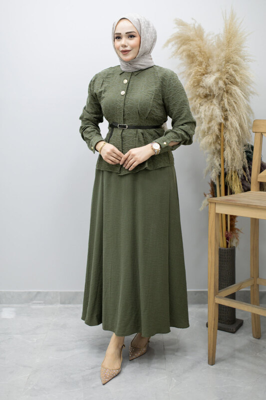 Kemerli Beli Pensli Etekli Takım TSD260180 Haki - Tesettür Dünyası