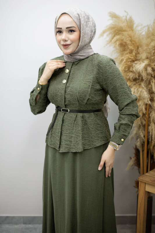 Kemerli Beli Pensli Etekli Takım TSD260180 Haki - Tesettür Dünyası (1)