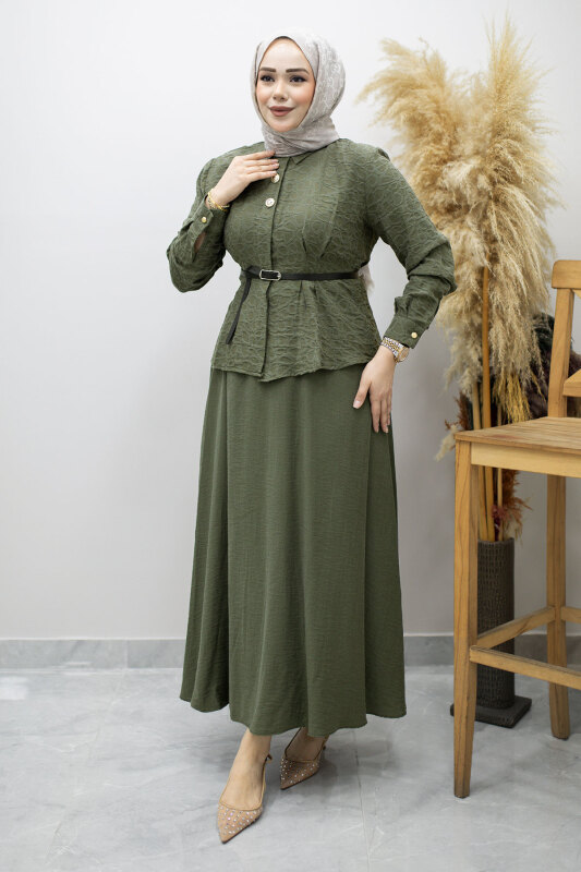 Kemerli Beli Pensli Etekli Takım TSD260180 Haki - 3