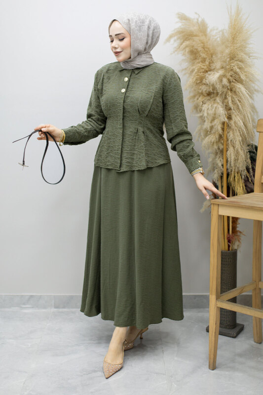 Kemerli Beli Pensli Etekli Takım TSD260180 Haki - 5