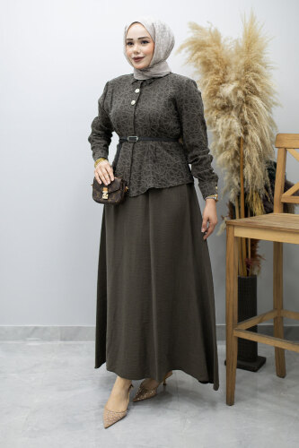 Kemerli Beli Pensli Etekli Takım TSD260180 Kahverengi 