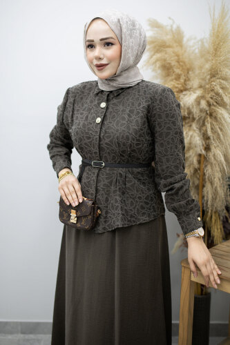 Kemerli Beli Pensli Etekli Takım TSD260180 Kahverengi - 2