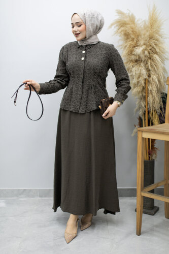 Kemerli Beli Pensli Etekli Takım TSD260180 Kahverengi - 3