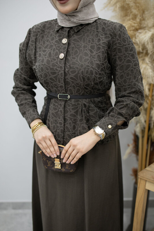 Kemerli Beli Pensli Etekli Takım TSD260180 Kahverengi - 4