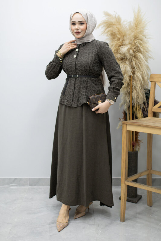 Kemerli Beli Pensli Etekli Takım TSD260180 Kahverengi - 5