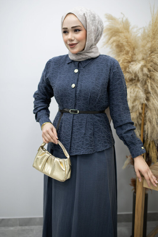 Kemerli Beli Pensli Etekli Takım TSD260180 Lacivert - Tesettür Dünyası (1)