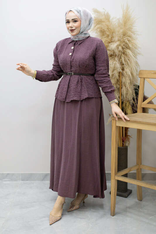 Kemerli Beli Pensli Etekli Takım TSD260180 Mürdüm - 1