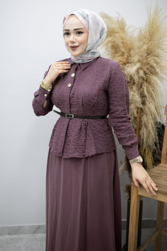 Kemerli Beli Pensli Etekli Takım TSD260180 Mürdüm - 2