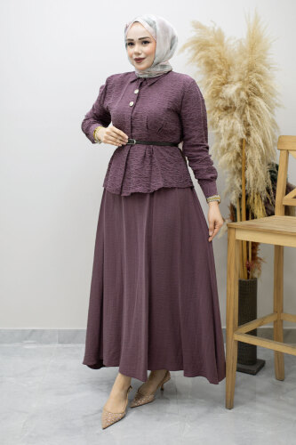 Kemerli Beli Pensli Etekli Takım TSD260180 Mürdüm - 3