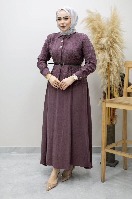 Kemerli Beli Pensli Etekli Takım TSD260180 Mürdüm - 5