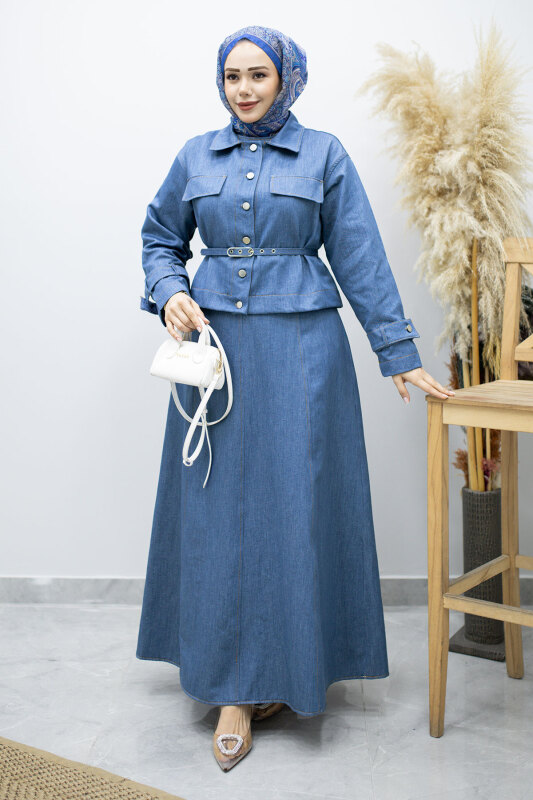 Kemerli Ceketli Denim Elbise TSD260164 Açık Mavi - Tesettür Dünyası