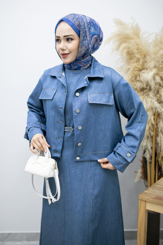 Kemerli Ceketli Denim Elbise TSD260164 Açık Mavi - Tesettür Dünyası (1)