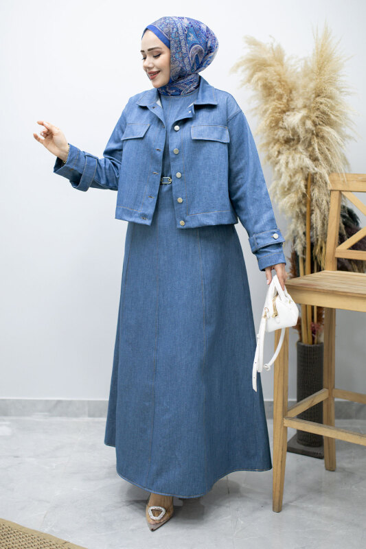 Kemerli Ceketli Denim Elbise TSD260164 Açık Mavi - Tesettür Dünyası