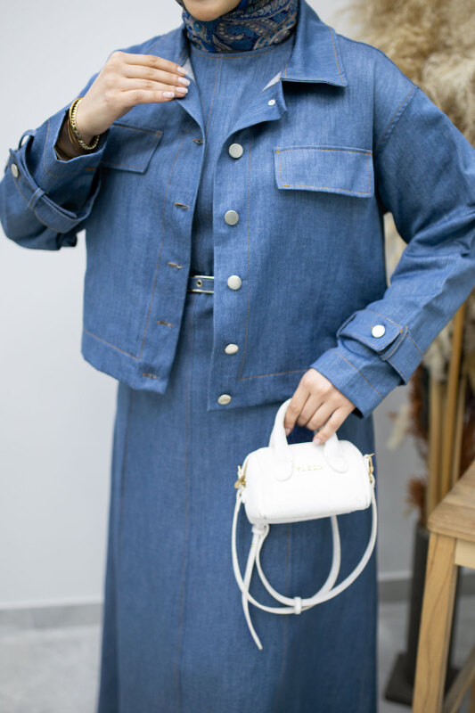 Kemerli Ceketli Denim Elbise TSD260164 Açık Mavi - 4