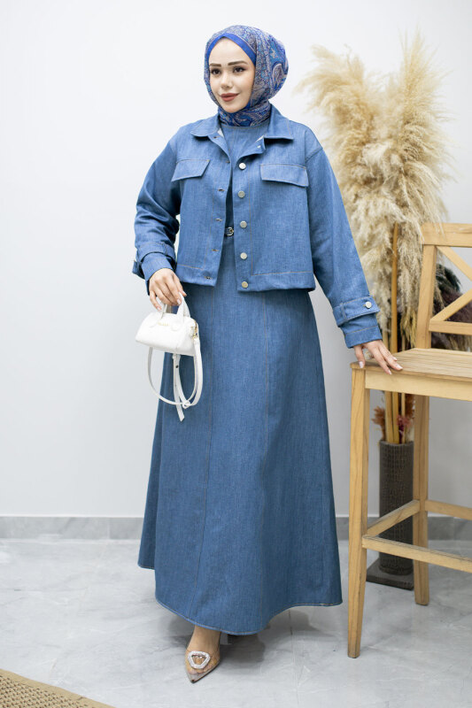 Kemerli Ceketli Denim Elbise TSD260164 Açık Mavi - 5