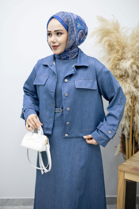 Kemerli Ceketli Denim Elbise TSD260164 Açık Mavi - Tesettür Dünyası (1)