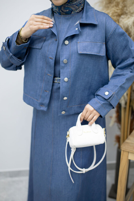 Kemerli Ceketli Denim Elbise TSD260164 Açık Mavi - 4