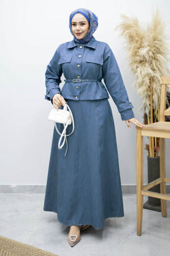 Kemerli Ceketli Denim Elbise TSD260164 Açık Mavi - 3