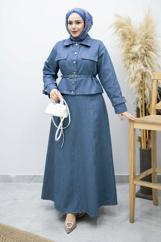 Kemerli Ceketli Denim Elbise TSD260164 Açık Mavi - 3