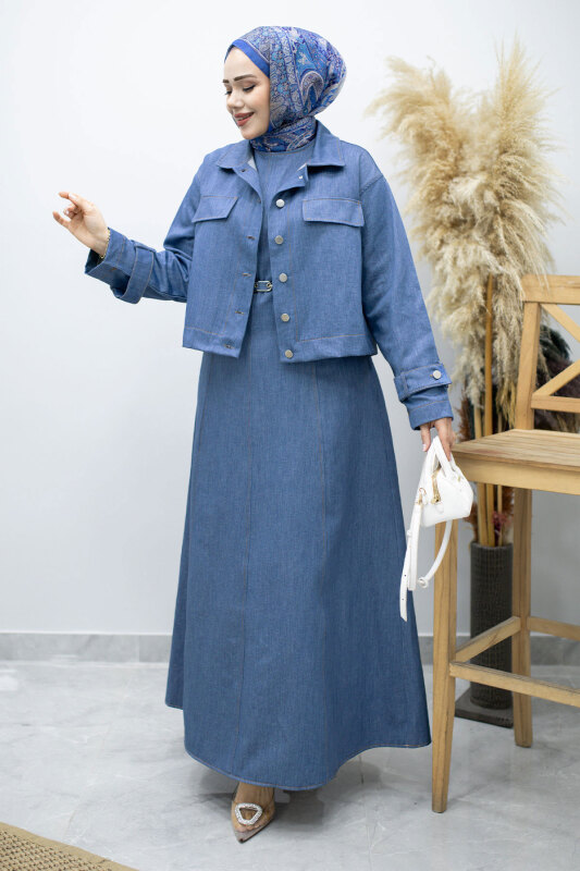 Kemerli Ceketli Denim Elbise TSD260164 Açık Mavi - 5